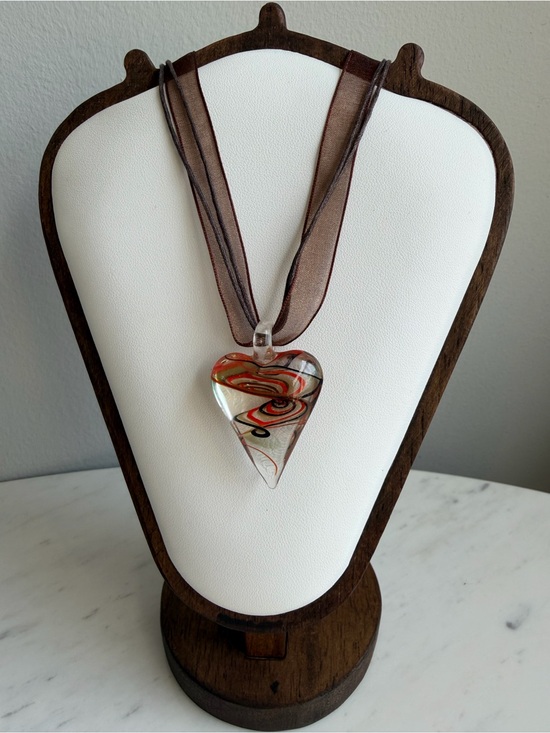 Vintage Jewelry - Vintage Y2K Glass Heart Pendant Necklace with brown cord &ribbon- Romantic, Chic